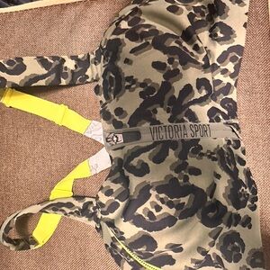 Victoria Sport Leopard Zip-Front Sports Bra in Olive + Neon Yellow
